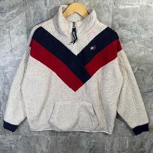Tommy Hilfiger white and red fleece pullover Woman's XL Cozy  #fleecelove